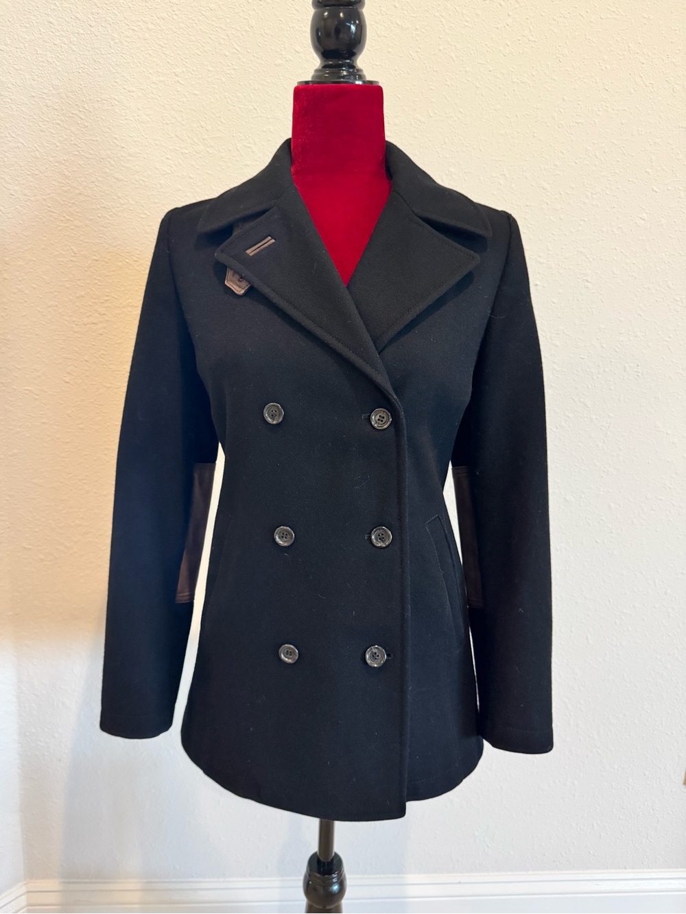 Dolce & Gabbana Double-Breasted Black Wool Women's Peacoat Jacket leather detail